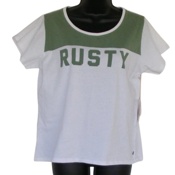 new RUSTY Tshirt, 10/M, White/Green Yoke, Short sleeves, Logo front, Cotton - Picture 1 of 9
